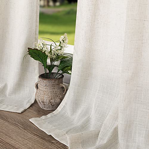 Cream Back Tab Linen Curtains 84 Inch Length for Living Room 2 Panels Rod Pocket Natural Boho Drapes Light Filtering Semi Sheer Rustic Country Neutral Farmhouse Curtain for Bedroom Ivory Colored 52x84