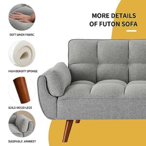 Homies Life Convertible Futon Sofa Bed, Linen Sleeper Couch, 75" W Modern 3 Seater Tufted Sofa with Adjustable Backrests and Soild Wood Legs for Living Room, Bedroom, Small Space, Gray