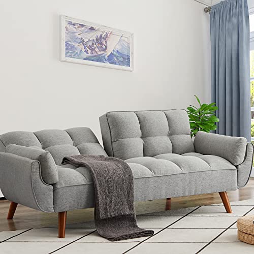 Homies Life Convertible Futon Sofa Bed, Linen Sleeper Couch, 75" W Modern 3 Seater Tufted Sofa with Adjustable Backrests and Soild Wood Legs for Living Room, Bedroom, Small Space, Gray