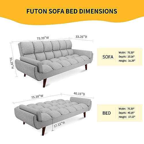 Homies Life Convertible Futon Sofa Bed, Linen Sleeper Couch, 75" W Modern 3 Seater Tufted Sofa with Adjustable Backrests and Soild Wood Legs for Living Room, Bedroom, Small Space, Gray