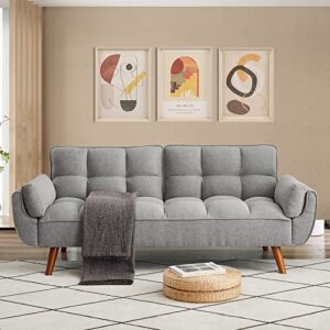 Homies Life Convertible Futon Sofa Bed, Linen Sleeper Couch, 75" W Modern 3 Seater Tufted Sofa with Adjustable Backrests and Soild Wood Legs for Living Room, Bedroom, Small Space, Gray