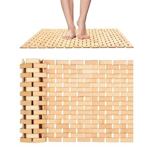 downluxe bamboo bath mat for bathroom - waterproof bamboo shower mat non slip, foldable bathroom floor mat for indoor & outdoor (natural color, 15" x 27", medium)