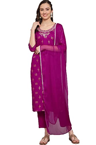 Chandrakala Women's Rayon kurti 3/4th Sleeve Straight Kurti Pant Set,Small,Purple (K228PUR1)