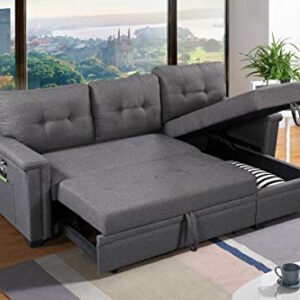ERYE L-Shaped Corner Sleeper Sectional Couch Bed Linen Upholstery Sofa w/Reversible Storage Chaise,USB Charging Ports and Side Pocket for Home Apartment Office Living Room Furniture Sets, Dark Gray