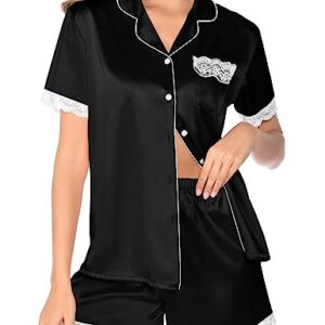 SWOMOG Women's Silk Lace Pajama Sets Satin Button Down Tops Pjs Lace Shorts Bottoms 2 Pcs Sleepwear Lounge Sets with Pockets Black