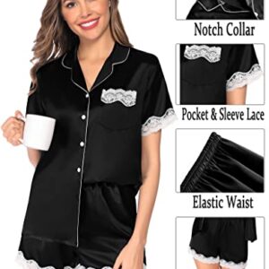 SWOMOG Women's Silk Lace Pajama Sets Satin Button Down Tops Pjs Lace Shorts Bottoms 2 Pcs Sleepwear Lounge Sets with Pockets Black