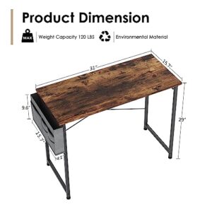 COTUBLR 31 Inch Computer Desk, Home Office Desk, Simple Modern Small Desk for Bedroom, Writing Desk with Storage Bag, Study Table for Students, Rustic Brown