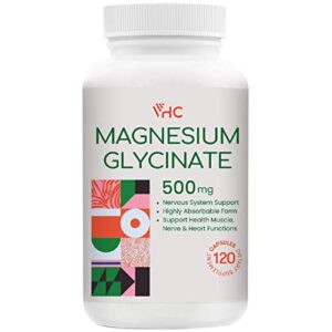 magnesium glycinate 500mg supplement capsules, chelated high absorption bioavailable gentle form magnesium, highly purified magnesium mineral supplements for women & men, 120 veggie caps, made in usa