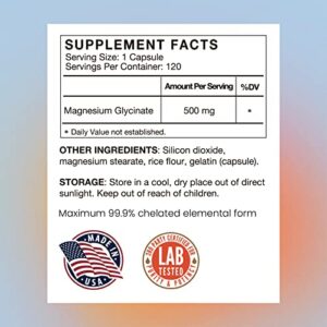 Magnesium Glycinate 500mg Supplement Capsules, Chelated High Absorption Bioavailable Gentle Form Magnesium, Highly Purified Magnesium Mineral Supplements for Women & Men, 120 Veggie Caps, Made in USA