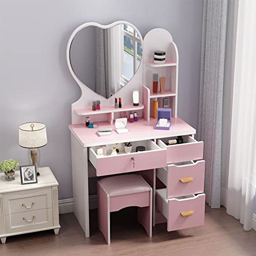 KWOKING 4-Drawers Mirror Table Dressing Table Wood 47.24" H Vanity Table Set Dressing Table Dressers Multi-Functional Dressing Table Pink Heart Shape Mirror on Right 14" L x 31.5" W x 47.5" H