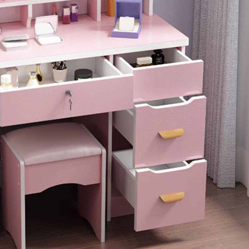 KWOKING 4-Drawers Mirror Table Dressing Table Wood 47.24" H Vanity Table Set Dressing Table Dressers Multi-Functional Dressing Table Pink Heart Shape Mirror on Right 14" L x 31.5" W x 47.5" H