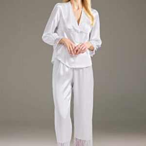 AW BRIDAL 2Pcs Comfy Womens Loungewear Set Pj Set V-Ncek Silk Pajamas For Women, Long Satin Pajamas Women, White, L| Bridal Party Pajamas Bride Gifts Bridesmaid Gifts For Wedding Day