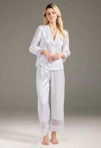 AW BRIDAL 2Pcs Comfy Womens Loungewear Set Pj Set V-Ncek Silk Pajamas For Women, Long Satin Pajamas Women, White, L| Bridal Party Pajamas Bride Gifts Bridesmaid Gifts For Wedding Day