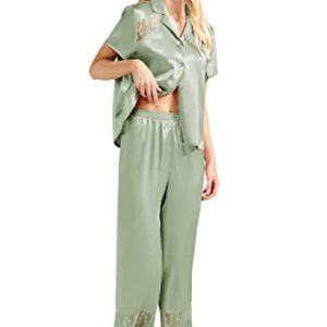 AW BRIDAL 2Pcs Sexy Womens Pajama Sets - Short Sleeve Silk Pajamas Long Pj Pants With Lace, Button Up Pajamas For Women, Sage Green, S| Clever Bridal Shower Gifts Bachelorette Gifts For Bride Pajamas