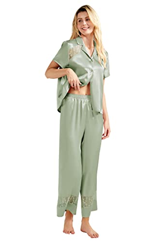 AW BRIDAL 2Pcs Sexy Womens Pajama Sets - Short Sleeve Silk Pajamas Long Pj Pants With Lace, Button Up Pajamas For Women, Sage Green, S| Clever Bridal Shower Gifts Bachelorette Gifts For Bride Pajamas