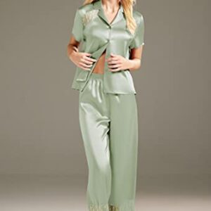 AW BRIDAL 2Pcs Sexy Womens Pajama Sets - Short Sleeve Silk Pajamas Long Pj Pants With Lace, Button Up Pajamas For Women, Sage Green, S| Clever Bridal Shower Gifts Bachelorette Gifts For Bride Pajamas