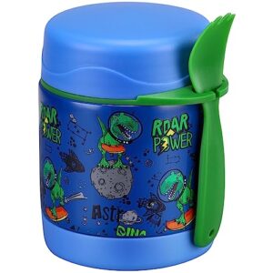pawtong 10oz soup thermo for hot food kids insulated food jar,thermo hot food lunch container, width mouth stainless steel lunch box for kids with spoon (blue-dinosaur)