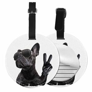 tks mitlan 1 pcs luggage tag french bulldog privacy cover id label address card for travel bag suitcase cool trendy posing with sunglasses victory fingers leather luggage tag travel(round)