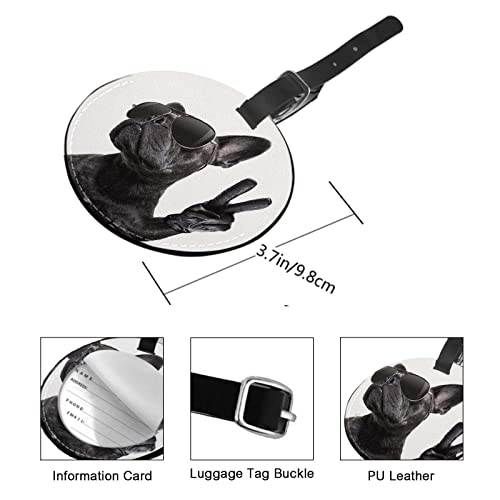TKS MITLAN 1 Pcs Luggage Tag French Bulldog Privacy Cover ID Label Address Card for Travel Bag Suitcase Cool Trendy Posing with Sunglasses Victory Fingers Leather Luggage Tag Travel(Round)