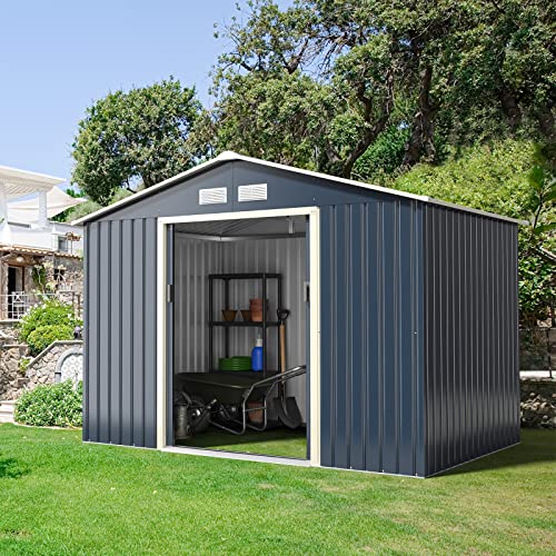 Goplus Outdoor Storage Shed, 9' X 6' Metal Garden Shed with 4 Vents & Double Sliding Door, Utility Tool Shed Storage House for Backyard, Patio, Lawn