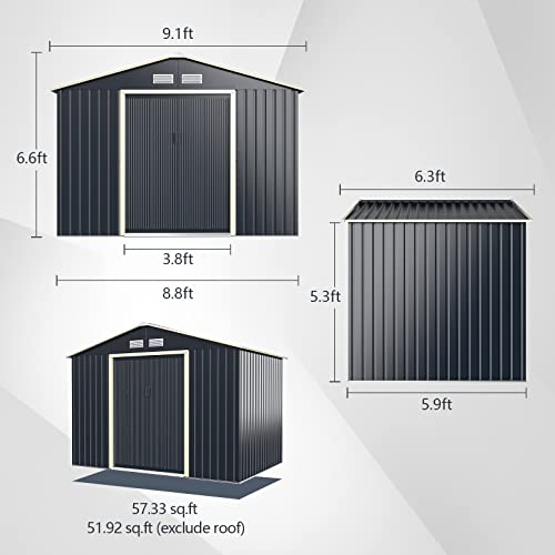 Goplus Outdoor Storage Shed, 9' X 6' Metal Garden Shed with 4 Vents & Double Sliding Door, Utility Tool Shed Storage House for Backyard, Patio, Lawn