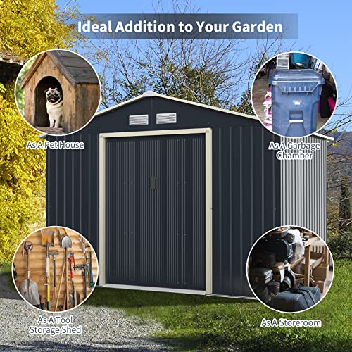 Goplus Outdoor Storage Shed, 9' X 6' Metal Garden Shed with 4 Vents & Double Sliding Door, Utility Tool Shed Storage House for Backyard, Patio, Lawn
