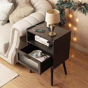 SOOWERY Mid Century Modern Nightstand with Charging Station, Bedside Tables with Glass Drawer, End Table Side Table with 2 Tiers Storage Space, for Bedroom, Living Room, Black
