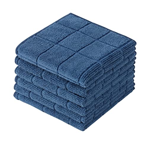 Microfiber Terry Dish Rags Set of 6, Super Absorbent and Lint Free Dish Cloths for Household, 11 x 11 Inches (Navy Blue, 6)