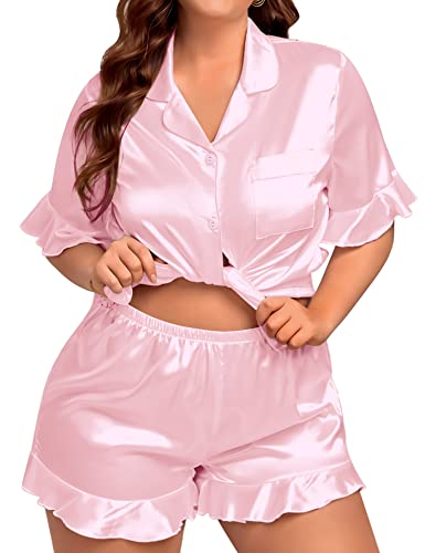 SWOMOG Womens Satin Plus Size Pajamas Silk Short Sleeve Pj Sets Ruffle Shorts 2 Piece Sleepwear Bride Soft Lounge Set 18-26W Pink