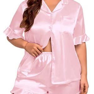 SWOMOG Womens Satin Plus Size Pajamas Silk Short Sleeve Pj Sets Ruffle Shorts 2 Piece Sleepwear Bride Soft Lounge Set 18-26W Pink