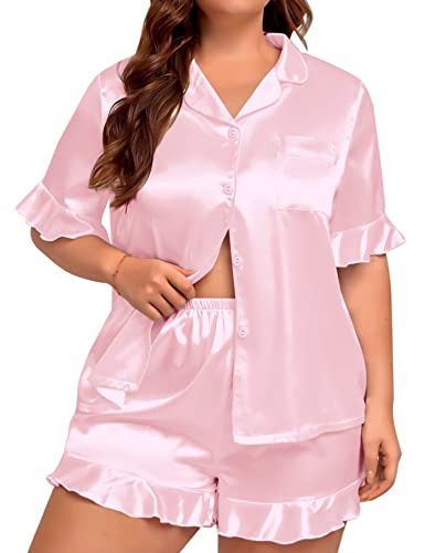 SWOMOG Womens Satin Plus Size Pajamas Silk Short Sleeve Pj Sets Ruffle Shorts 2 Piece Sleepwear Bride Soft Lounge Set 18-26W Pink