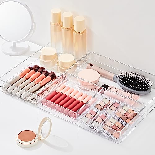 SMARTAKE 6 PCS Clear Plastic Drawer Organizers Set, Large Size Non-Slip Desk Drawer Organizer, 2-Size Versatile Bathroom and Vanity Drawer Organizer Trays for Makeup, Bedroom, Office, Kitchen Utensils