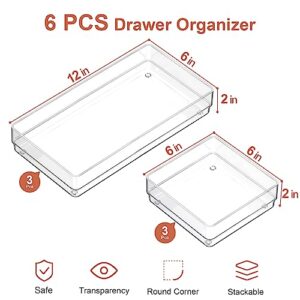 SMARTAKE 6 PCS Clear Plastic Drawer Organizers Set, Large Size Non-Slip Desk Drawer Organizer, 2-Size Versatile Bathroom and Vanity Drawer Organizer Trays for Makeup, Bedroom, Office, Kitchen Utensils