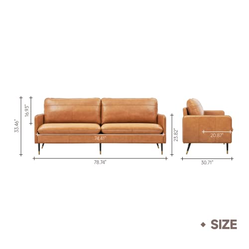 Z-hom 79" Genuine Leather Sofa, Top-Grain 3 Seater Leather Couch, Mid-Century Modern Upholstered Sofa for Living Room Bedroom Apartment Office, Cognac Tan