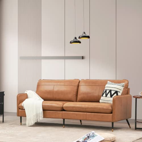 Z-hom 79" Genuine Leather Sofa, Top-Grain 3 Seater Leather Couch, Mid-Century Modern Upholstered Sofa for Living Room Bedroom Apartment Office, Cognac Tan