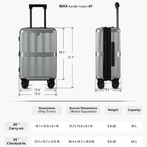 LUGGEX PC Silver Carry On Luggage 22x14x9 Airline Approved with Spinner Wheels - Hard Shell Expandable Suitcase