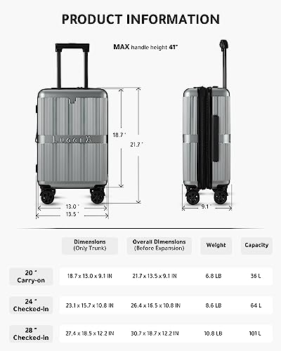 LUGGEX PC Silver Carry On Luggage 22x14x9 Airline Approved with Spinner Wheels - Hard Shell Expandable Suitcase