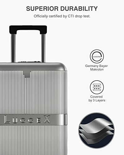 LUGGEX PC Silver Carry On Luggage 22x14x9 Airline Approved with Spinner Wheels - Hard Shell Expandable Suitcase