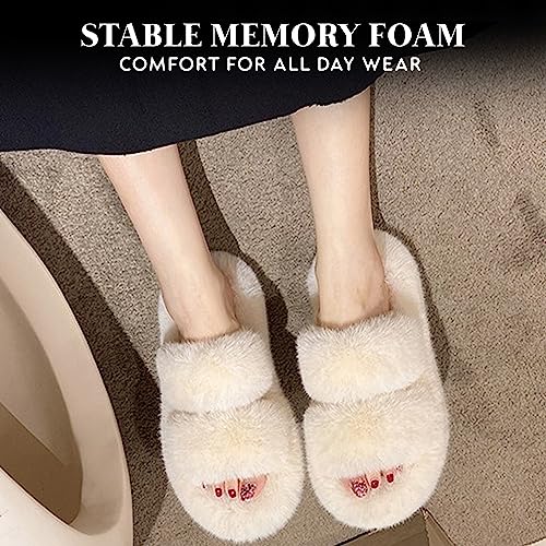 DAISY'S FINDINGS Fluffy Faux Fur Slippers Comfy Open Toe Two Band Slides Fur Slippers for Comfort and Style - Fuzzy Soft House Slippers - Open Toe Fluffy Slippers White