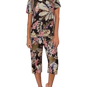 Ekouaer Comfy Lounge Sets for Women Short Sleeve V-Neck Tops with Capri Pants Floral Printed Pajama Set with Pockets