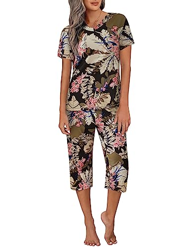 Ekouaer Comfy Lounge Sets for Women Short Sleeve V-Neck Tops with Capri Pants Floral Printed Pajama Set with Pockets