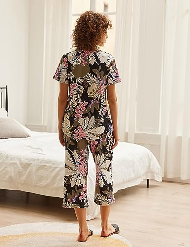 Ekouaer Comfy Lounge Sets for Women Short Sleeve V-Neck Tops with Capri Pants Floral Printed Pajama Set with Pockets