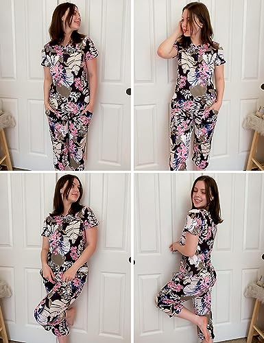 Ekouaer Comfy Lounge Sets for Women Short Sleeve V-Neck Tops with Capri Pants Floral Printed Pajama Set with Pockets