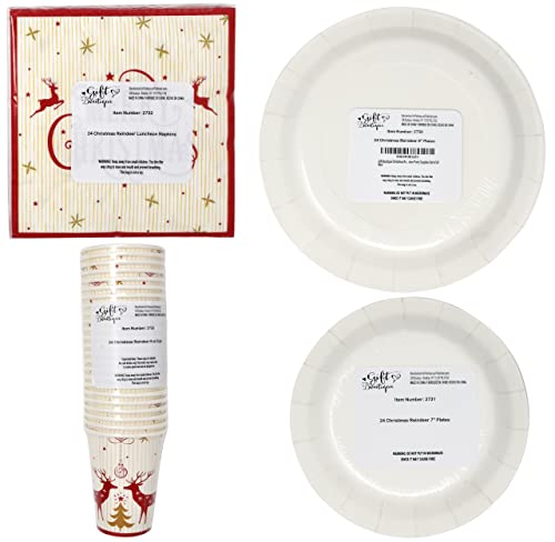 Merry Christmas Reindeer Party Supplies Tableware Set 24 9" Dinner Plates 24 7" Plate 24 9 Oz Cups 24 Lunch Napkin for Holiday Xmas Red & Gold Reindeers Tree Disposable Paper Dinnerware Decorations
