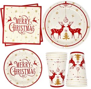 merry christmas reindeer party supplies tableware set 24 9" dinner plates 24 7" plate 24 9 oz cups 24 lunch napkin for holiday xmas red & gold reindeers tree disposable paper dinnerware decorations