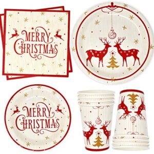 Merry Christmas Reindeer Party Supplies Tableware Set 24 9" Dinner Plates 24 7" Plate 24 9 Oz Cups 24 Lunch Napkin for Holiday Xmas Red & Gold Reindeers Tree Disposable Paper Dinnerware Decorations