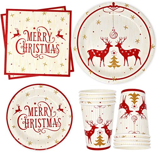 Merry Christmas Reindeer Party Supplies Tableware Set 24 9" Dinner Plates 24 7" Plate 24 9 Oz Cups 24 Lunch Napkin for Holiday Xmas Red & Gold Reindeers Tree Disposable Paper Dinnerware Decorations