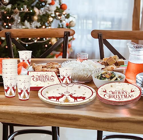 Merry Christmas Reindeer Party Supplies Tableware Set 24 9" Dinner Plates 24 7" Plate 24 9 Oz Cups 24 Lunch Napkin for Holiday Xmas Red & Gold Reindeers Tree Disposable Paper Dinnerware Decorations