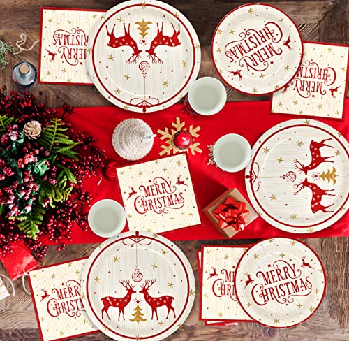 Merry Christmas Reindeer Party Supplies Tableware Set 24 9" Dinner Plates 24 7" Plate 24 9 Oz Cups 24 Lunch Napkin for Holiday Xmas Red & Gold Reindeers Tree Disposable Paper Dinnerware Decorations