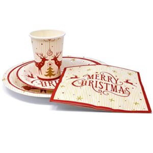 Merry Christmas Reindeer Party Supplies Tableware Set 24 9" Dinner Plates 24 7" Plate 24 9 Oz Cups 24 Lunch Napkin for Holiday Xmas Red & Gold Reindeers Tree Disposable Paper Dinnerware Decorations